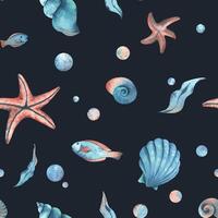 Seashells, starfish, seaweed, fish and bubbles. Watercolor illustration of underwater world hand drawn Seamless pattern on dark background for fabric, textile, prints, design and decoration. vector