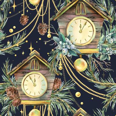 Wooden house clock with cuckoo, pine branches and cones, snowberry, golden beads, sparkling stars. Christmas, New Year watercolor illustration. Seamless pattern on the background of the night sky