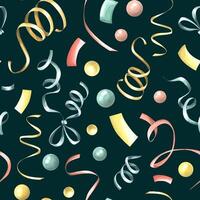 Multicolored ribbons and confetti on a dark background. Watercolor illustration. festive, congratulatory, seamless pattern from the collection of HAPPY BIRTHDAY. For wrapping paper, fabric, textile vector