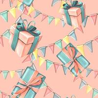 Gift boxes with ribbons, bows and garland of flags in coral and turquoise colors on a pink background. Watercolor illustration, hand drawn. Seamless pattern for congratulations, wrapping paper. vector