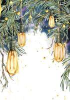 Retro Edison bulbs hanging with pine branches against the night sky with stars and lights. Watercolor illustration New Year Christmas hand drawn. Vertical template, frame, isolated from background. vector