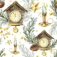 Wooden house clock with cuckoo, pine branches and cones, candles in a candlestick, sparkling stars. Christmas, New Year watercolor illustration hand drawn. Seamless pattern on the white background vector