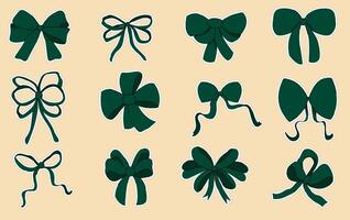 Set of stickers with green bows. A collection of hand-drawn ribbon bows. Stickers vector