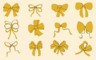 Set of stickers with yellow bows. A collection of hand-drawn ribbon bows. Stickers vector