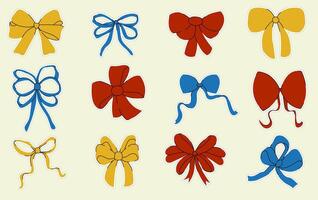 Set of stickers with colored bows. A collection of hand-drawn ribbon bows. Stickers vector