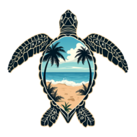 A turtle design incorporates a tranquil beach scene on its shell, featuring palm trees, waves, and a clear sky cutouts png