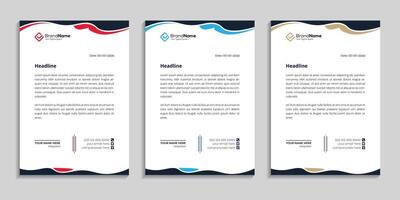 Wave style letterhead template design with create unique shape in three color variation to use for any business vector