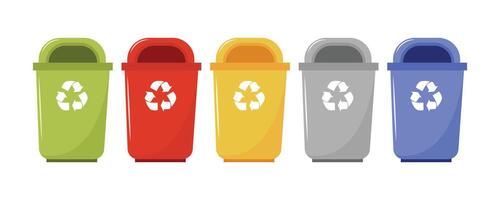 Set of containers with sorted garbage. Waste segregation. Sorting garbage by material and type in colored trash cans. Isolated illustration EPS 10 vector