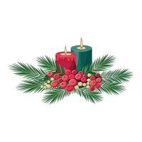 New Year's candle with fir branches and red berries. The candle is the center of the image, while the leaves and berries add a festive touch to the scene. vector