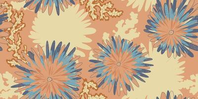 a pattern with blue and orange flowers on a tan background vector