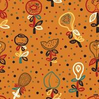 a pattern with fruit and flowers on an orange background vector