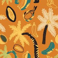 a pattern with bananas, palm trees and other fruit vector