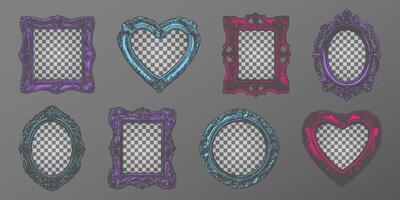 Set of vintage photo frames with photocopy texture effect. Square, oval and heart shapes in bold neon colors pink, blue, and purple. Perfect for digital collages, retro designs and photo overlays. vector