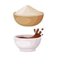 Soy Flour in Bowl and Sauce as Natural and Organic Product from Soybean Plant Set vector