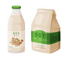 Soy Flour in Package and Milk Bottle as Natural and Organic Product from Soybean Plant Set vector