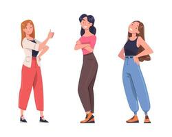 Young Smiling Woman in Standing Pose with Satisfied Face Expression Set vector