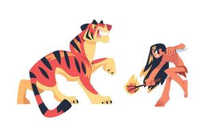 Mowgli as Feral Boy from Jungle Raised by Wolves Fighting with Shere Khan with Fire and Knife Illustration vector