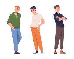 Young Smiling Man in Standing Pose with Satisfied Face Expression Set vector