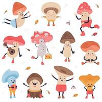Funny Mushroom Characters with Cap and Stem Having Legs and Arms Set vector