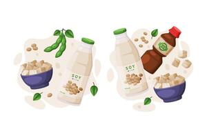 Natural Soy Products from Soybean Plant with Tofu, Milk Bottle and Sauce Composition Set vector