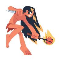 Mowgli as Feral Boy from Jungle Raised by Wolves Fighting with Knife and Burning Tree Branch Illustration vector