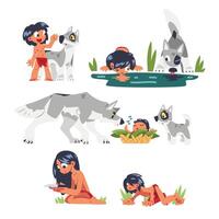 Mowgli Fictional Character as Feral Boy from Jungle Raised with Wolves Set vector