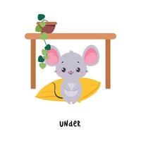 Little Mouse Sitting Under Table on Pillow as English Language Preposition for Educational Activity Illustration vector