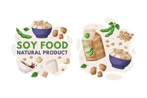 Natural Soy Products from Soybean Plant with Tofu, Milk and Sauce Composition Set vector