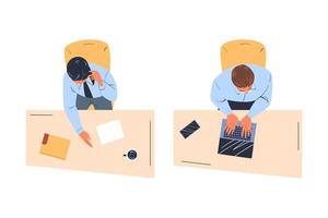Man Office Employee Sitting at Table as Workplace Top View Set vector