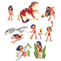 Mowgli Fictional Character as Feral Boy from Jungle Raised with Wolves Set vector