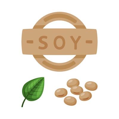 Soy Label, Leaf and Beans as Natural and Organic Product of Soybean Plant Set