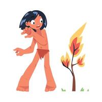 Mowgli as Feral Boy from Jungle Raised by Wolves Standing Near Burning Tree Exploring Fire Illustration vector