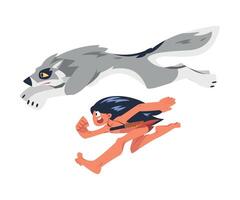 Mowgli as Feral Boy from Jungle Raised by Wolves Running with Wolf Brother Illustration vector