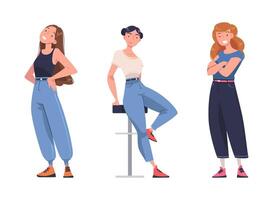 Young Smiling Woman in Standing and Sitting Pose with Satisfied Face Expression Set vector