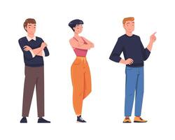 Young Smiling Man and Woman in Standing Pose with Satisfied Face Expression Set vector