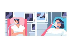 Young Man and Woman Patient in Hospital Lying on Bed with Mask Having Artificial Lung Ventilation Being in Critical Condition Set vector