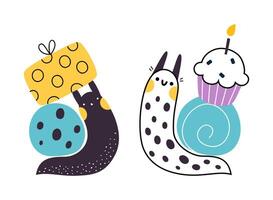 Cute Snail Character with Shell Carrying Gift Box and Cupcake on Its Back Set vector