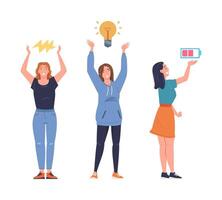 Woman Character with Glowing Lightbulb, Lightning and Battery Set vector