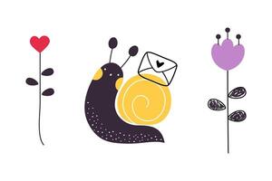 Cute Snail Character with Shell Carrying Envelope on Its Back Set vector