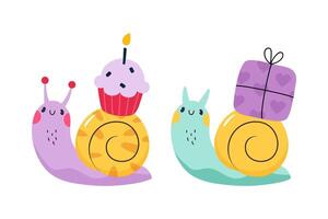 Cute Snail Character with Shell Carrying Cupcake and Gift Box on Its Back Set vector