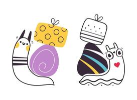 Cute Snail Character with Shell Carrying Gift Box on Its Back Set vector