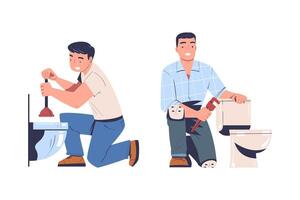 Man Plumber with Plunger and Wrench Near Toilet Bowl Set vector