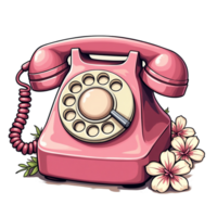 A retro rotary dial telephone is depicted in a bright pink color, adorned with blooming flowers and leaves around its base cutouts png
