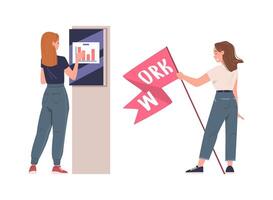 Woman Character with Graph on Display and Flag Set vector