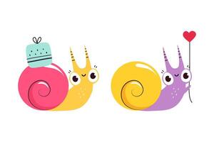 Cute Snail Character with Shell Carrying Heart and Gift Box on Its Back Set vector