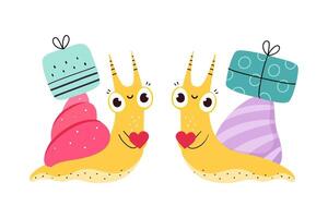 Cute Snail Character with Shell Carrying Gift Box on Its Back Set vector