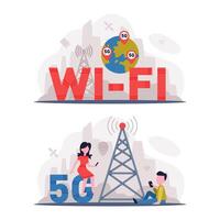 5G Network Wireless Technology with Man and Woman Using High-speed Internet Set vector
