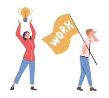 Man and Woman Character with Glowing Lightbulb and Flag Set vector