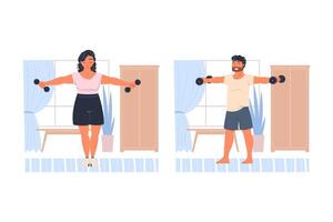 Man and Woman Character Doing Sport at Home with Dumbbells Set vector