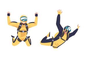 Man Parachutist Skydiving and Free-falling in the Air Descenting on the Earth Set vector